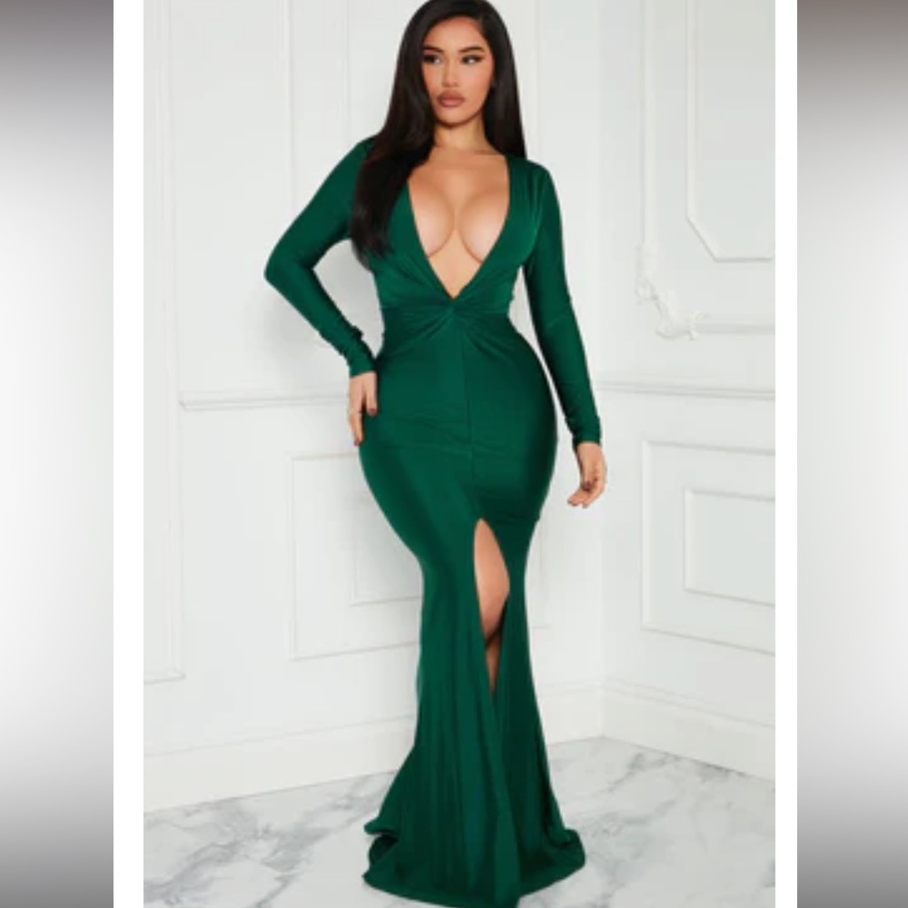 Fashion Nova green open front slit dress size large